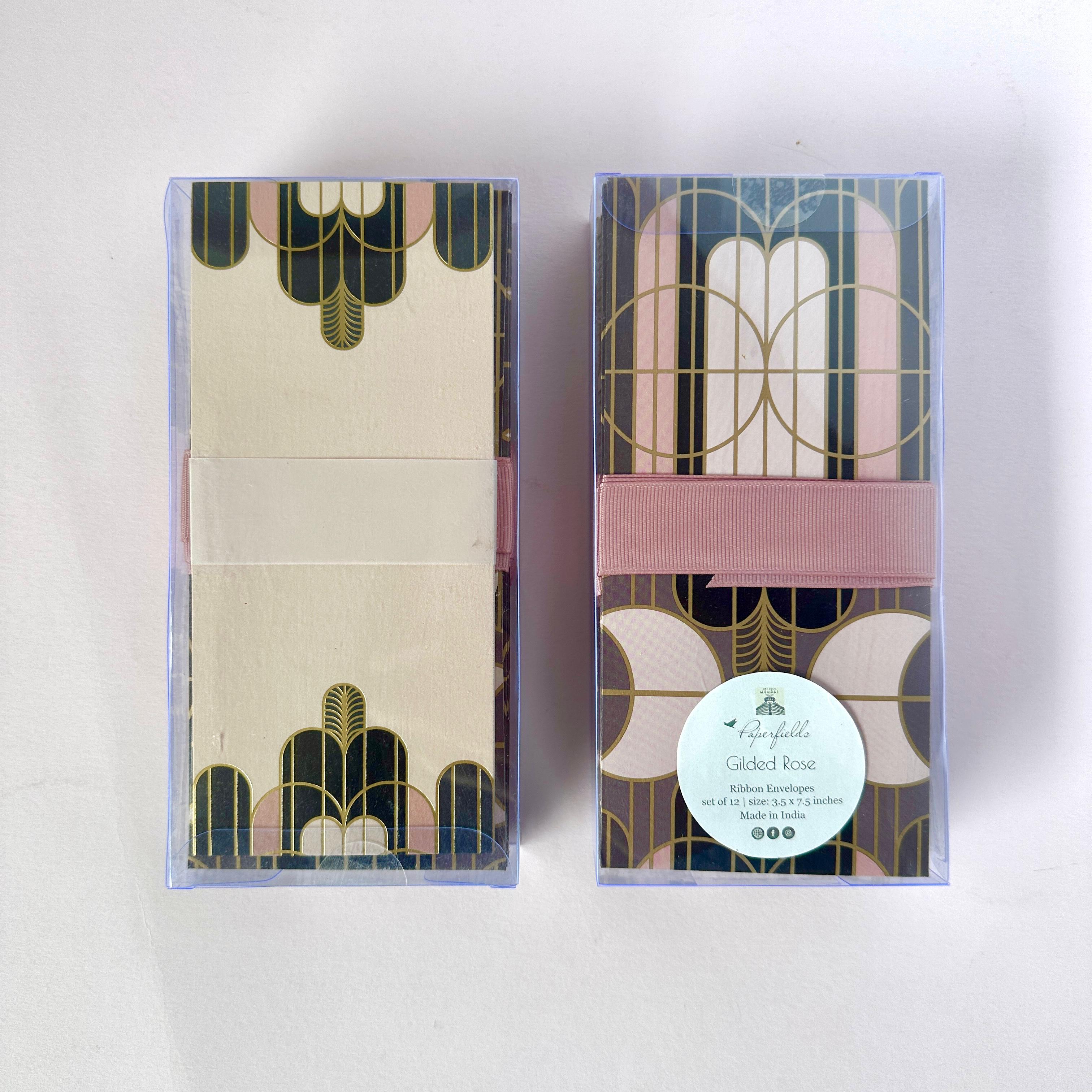 Gilded Rose Ribbon Envelopes with Notecards